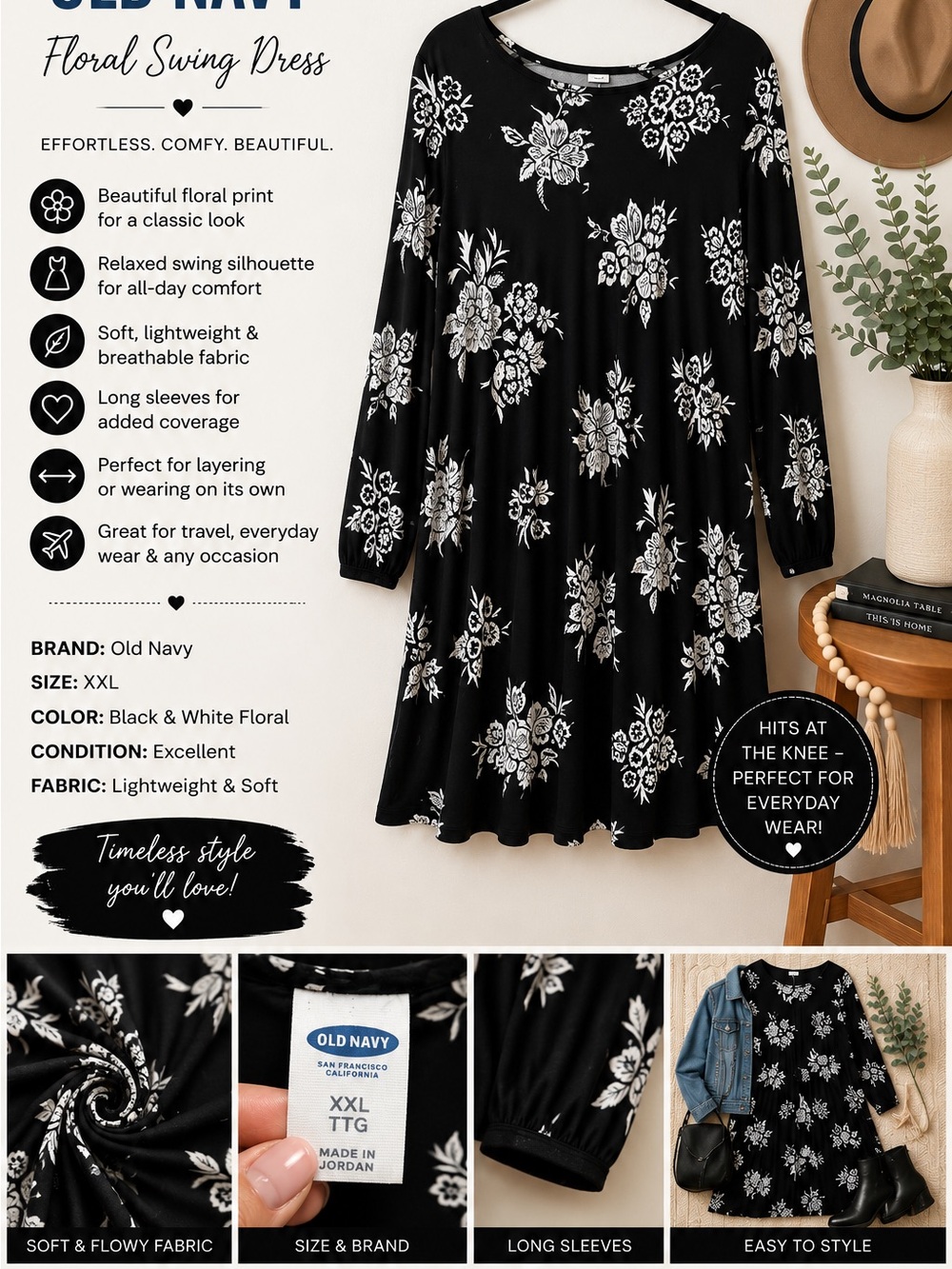 Old Navy Black and White Floral Long Sleeve Swing Dress